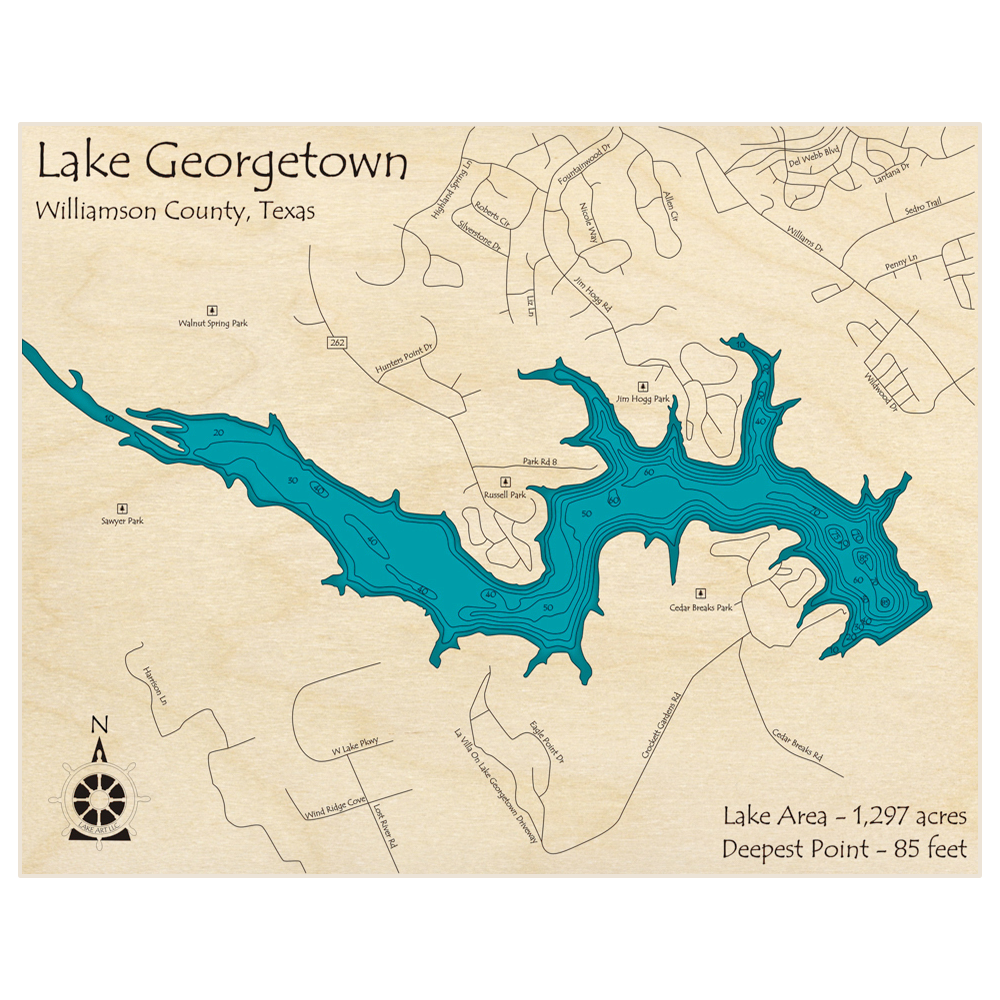 Bathymetric topo map of Lake Georgetown with roads, towns and depths noted in blue water
