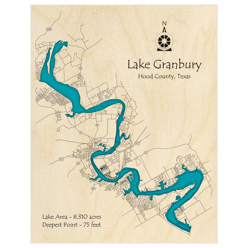 Bathymetric topo map of Lake Granbury with roads, towns and depths noted in blue water