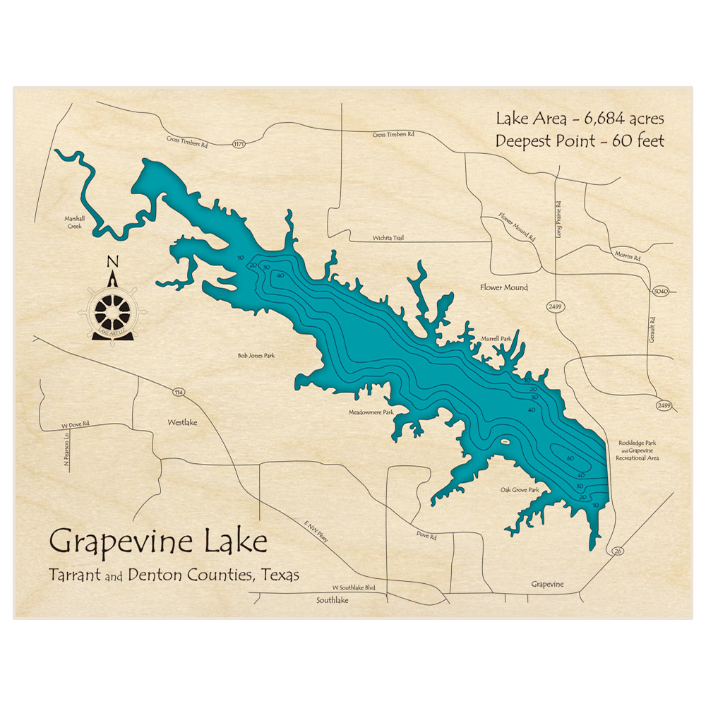 Bathymetric topo map of Grapevine Lake with roads, towns and depths noted in blue water