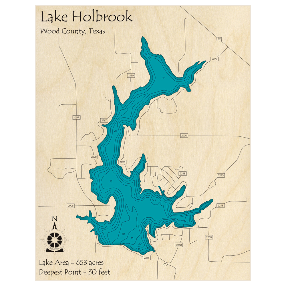 Bathymetric topo map of Lake Holbrook with roads, towns and depths noted in blue water