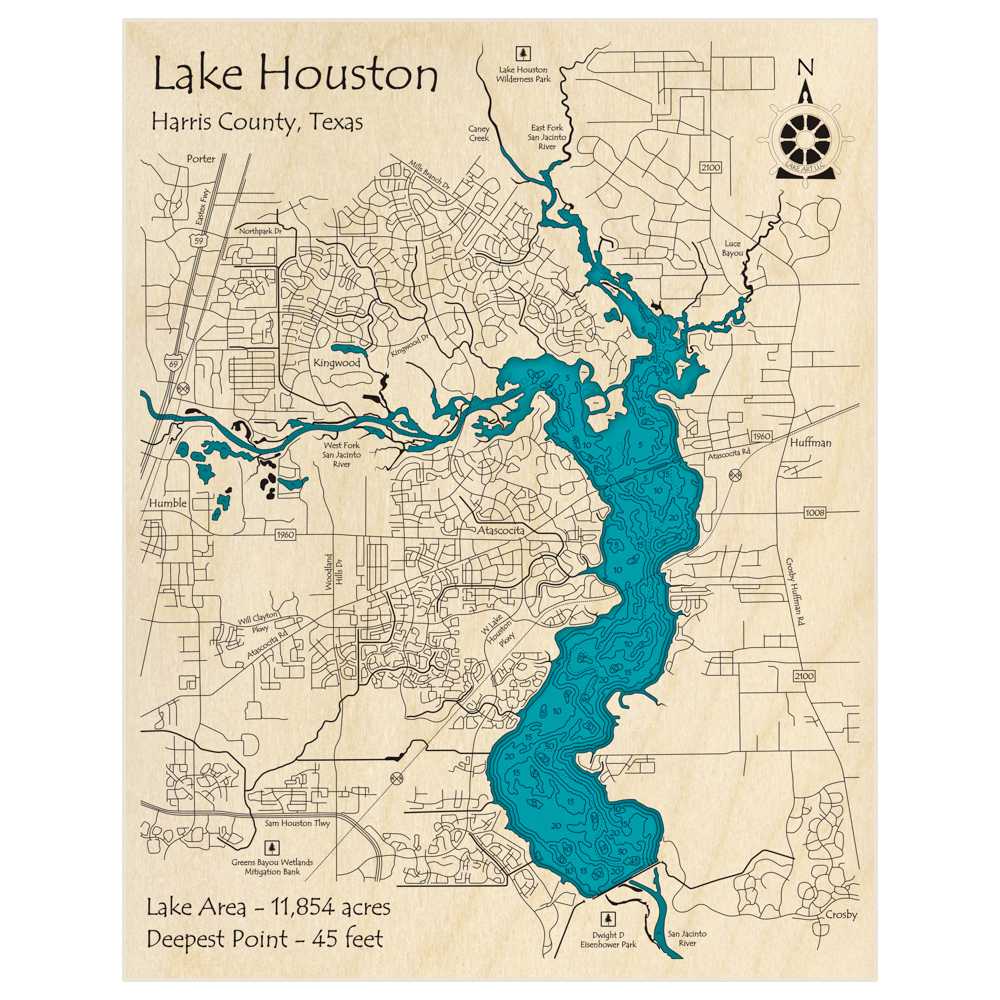 Bathymetric topo map of Lake Houston with roads, towns and depths noted in blue water