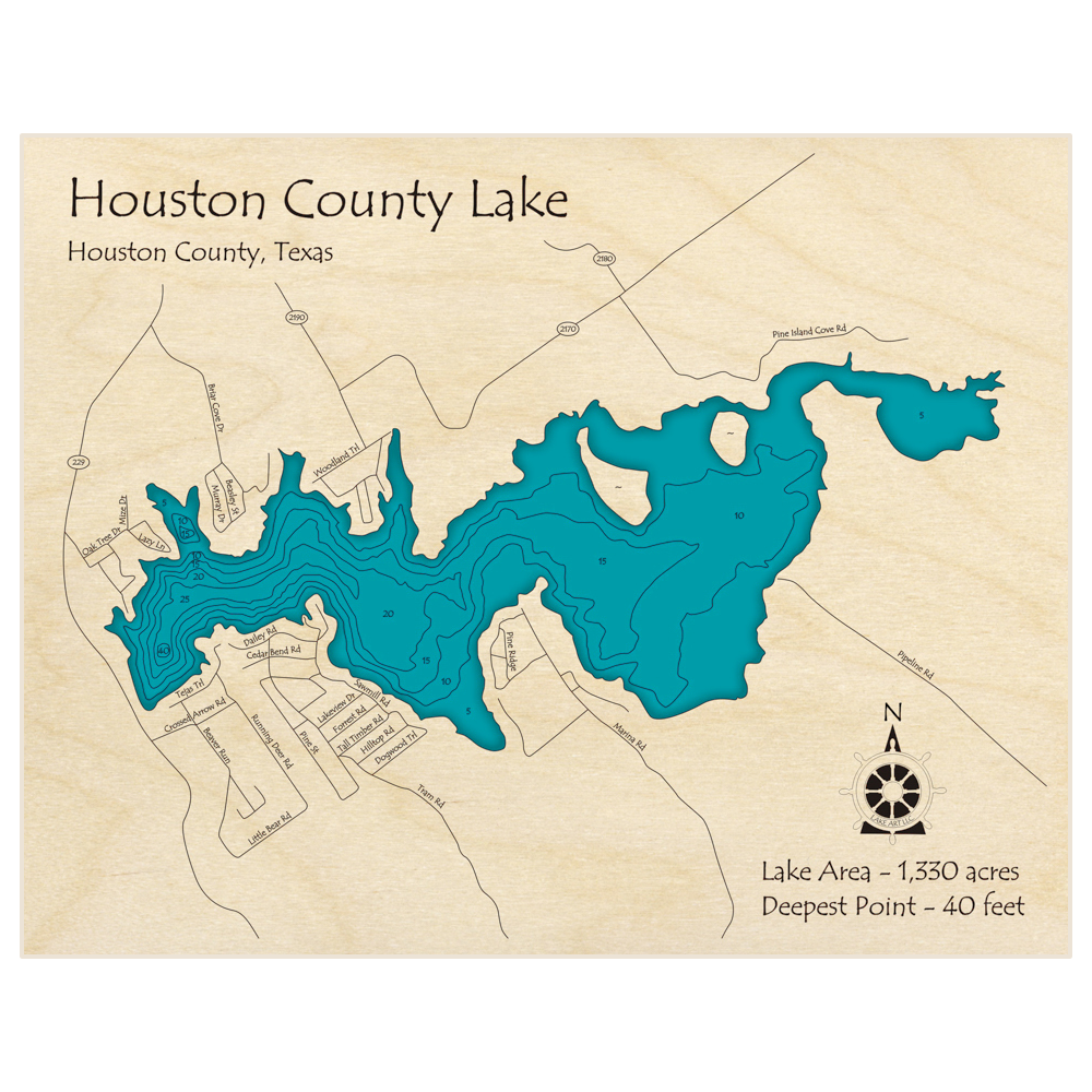 Bathymetric topo map of Houston County Lake with roads, towns and depths noted in blue water