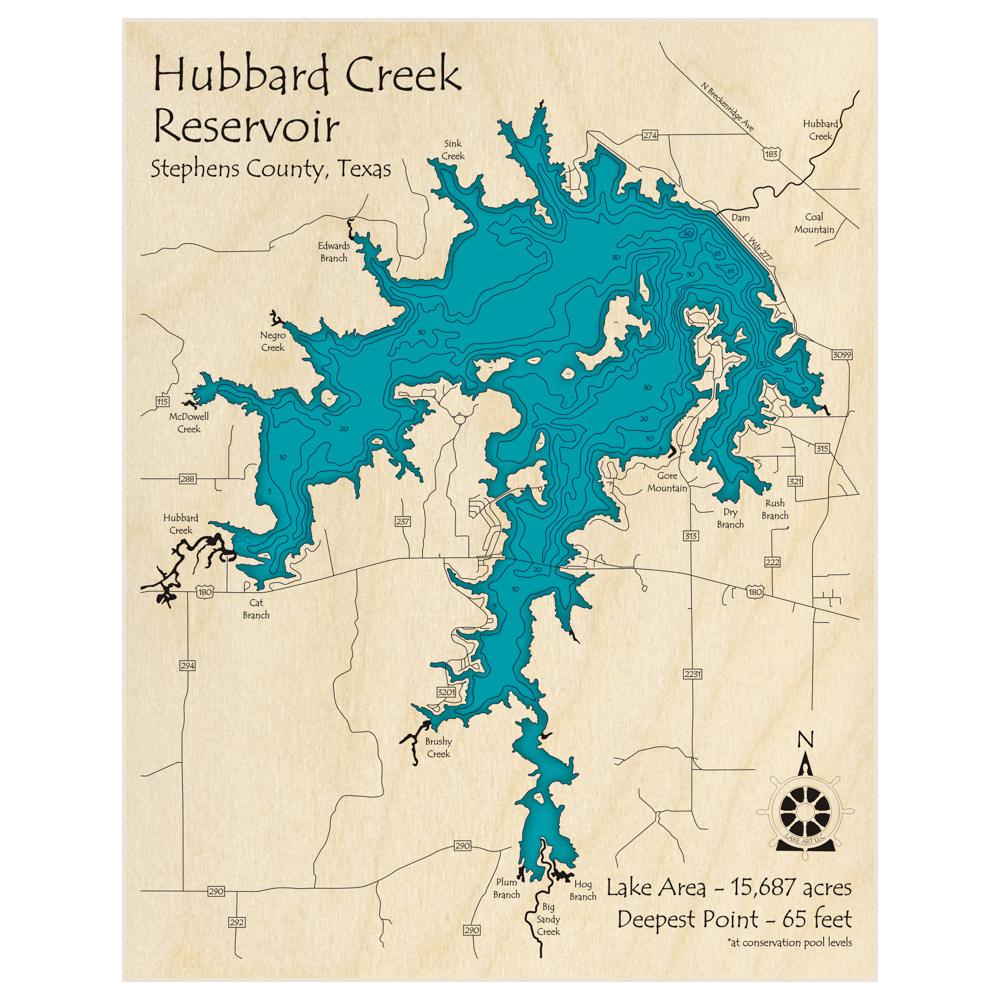 Bathymetric topo map of Hubbard Creek Reservoir with roads, towns and depths noted in blue water