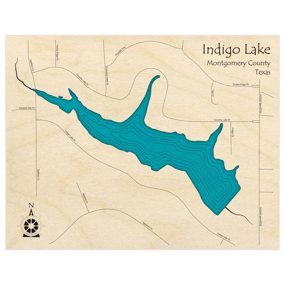 Bathymetric topo map of Indigo Lake * with roads, towns and depths noted in blue water