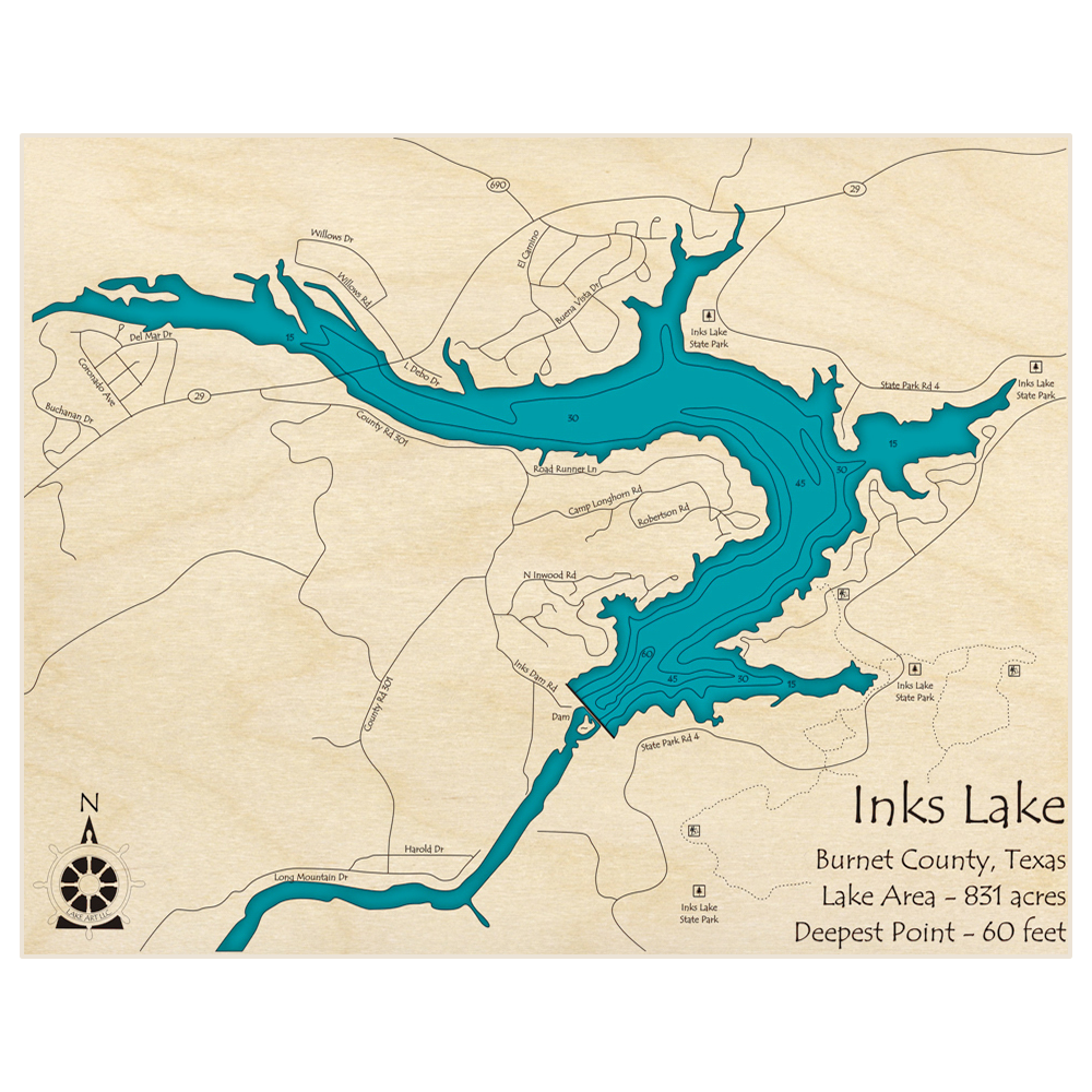 Bathymetric topo map of Inks Lake with roads, towns and depths noted in blue water
