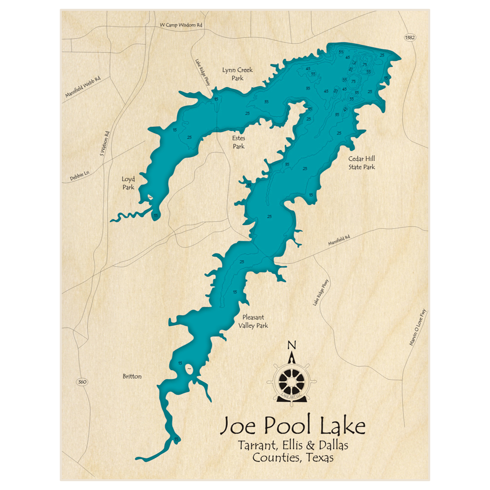 Bathymetric topo map of Joe Pool Lake with roads, towns and depths noted in blue water