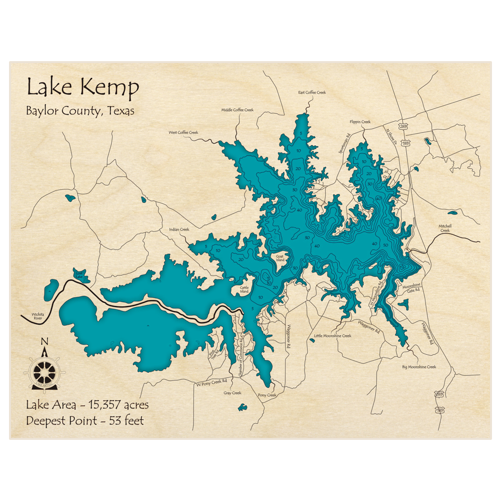 Bathymetric topo map of Lake Kemp with roads, towns and depths noted in blue water