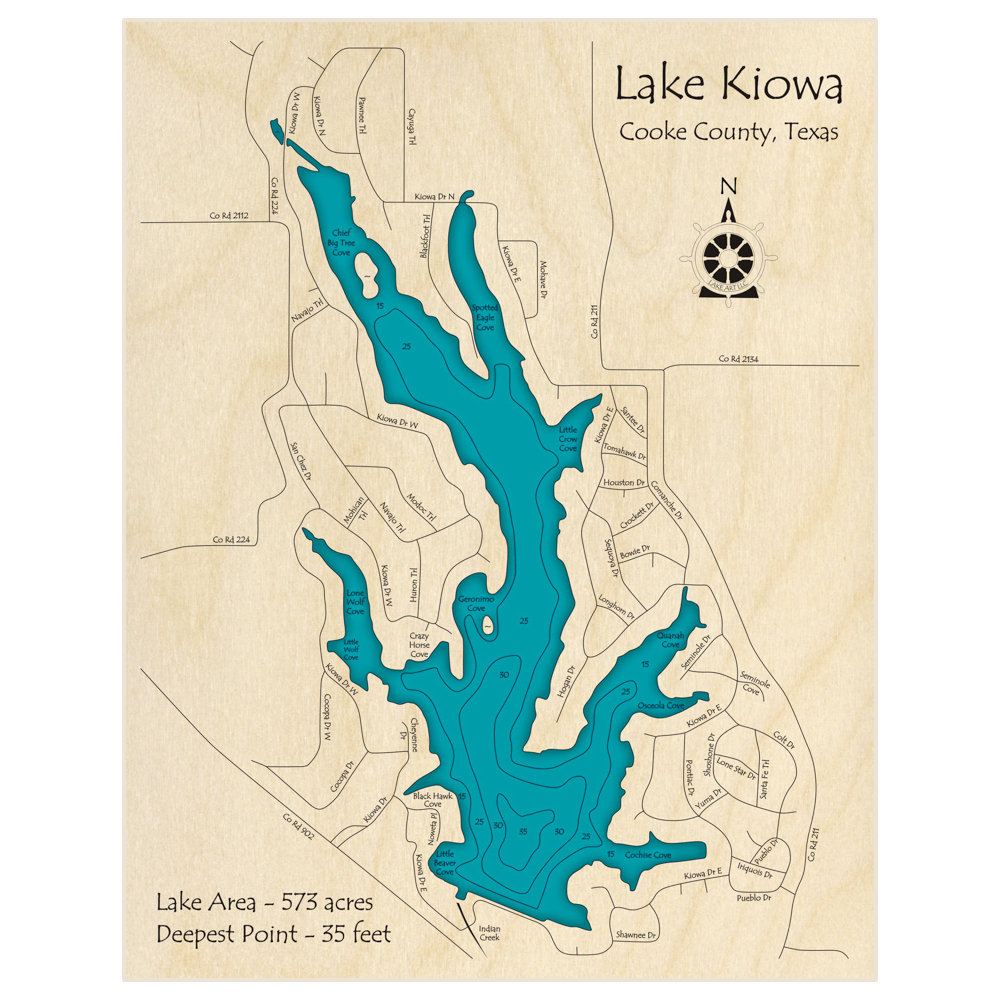 Bathymetric topo map of Lake Kiowa with roads, towns and depths noted in blue water