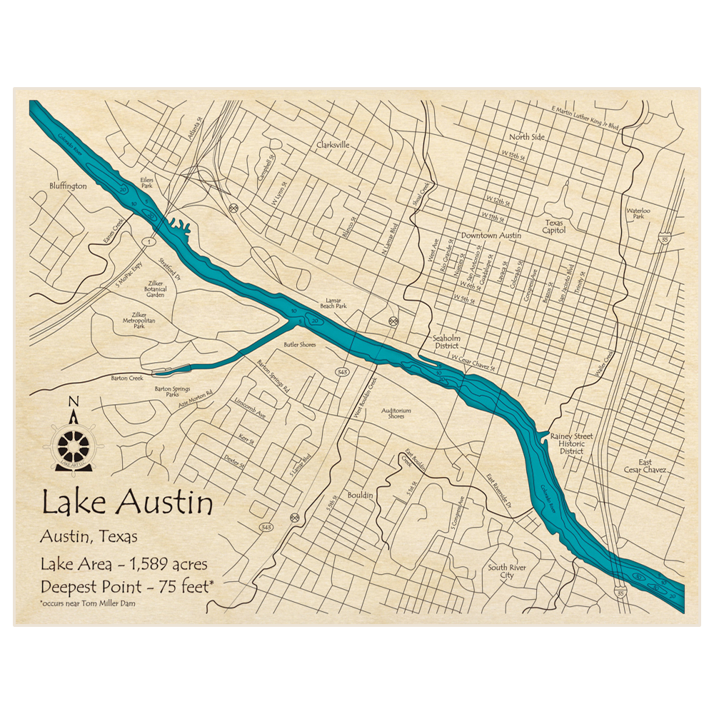 Bathymetric topo map of Lake Austin at Downtown Austin with roads, towns and depths noted in blue water