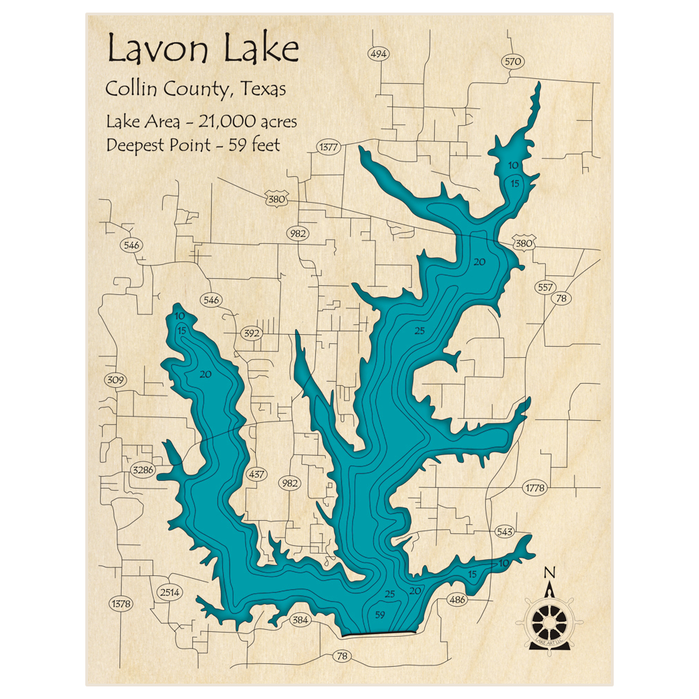 Bathymetric topo map of Lavon Lake with roads, towns and depths noted in blue water