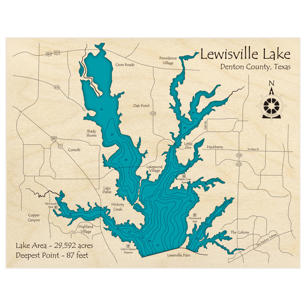 Bathymetric topo map of Lewisville Lake with roads, towns and depths noted in blue water