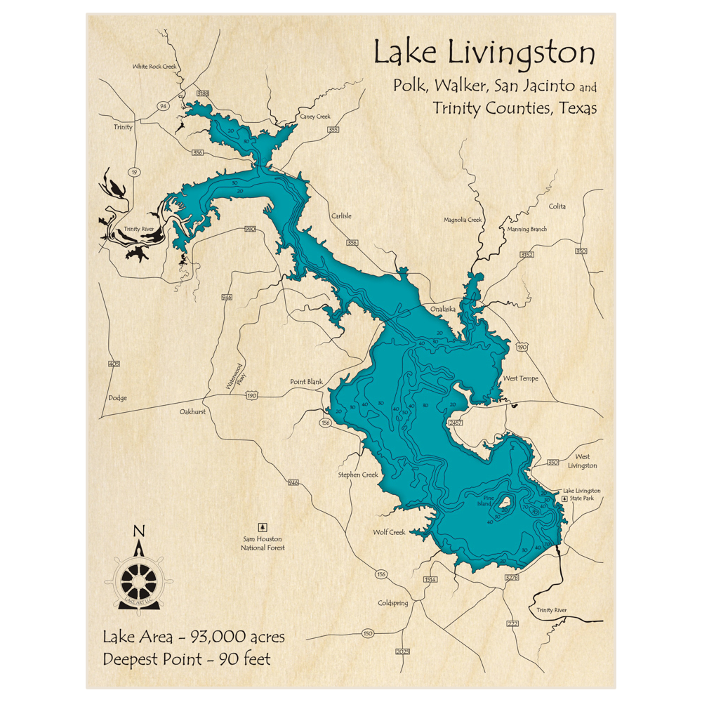Bathymetric topo map of Lake Livingston with roads, towns and depths noted in blue water