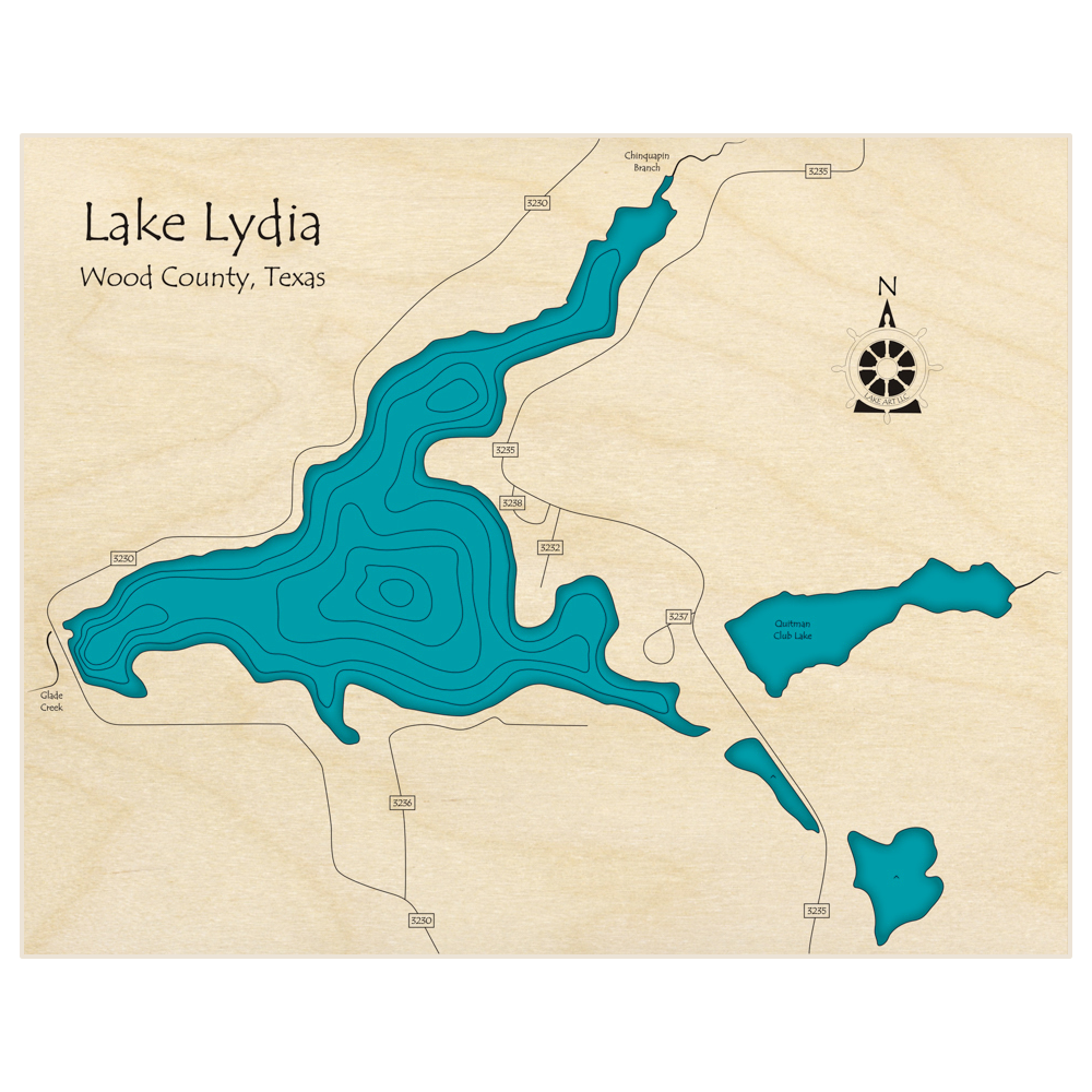 Bathymetric topo map of Lake Lydia  with roads, towns and depths noted in blue water