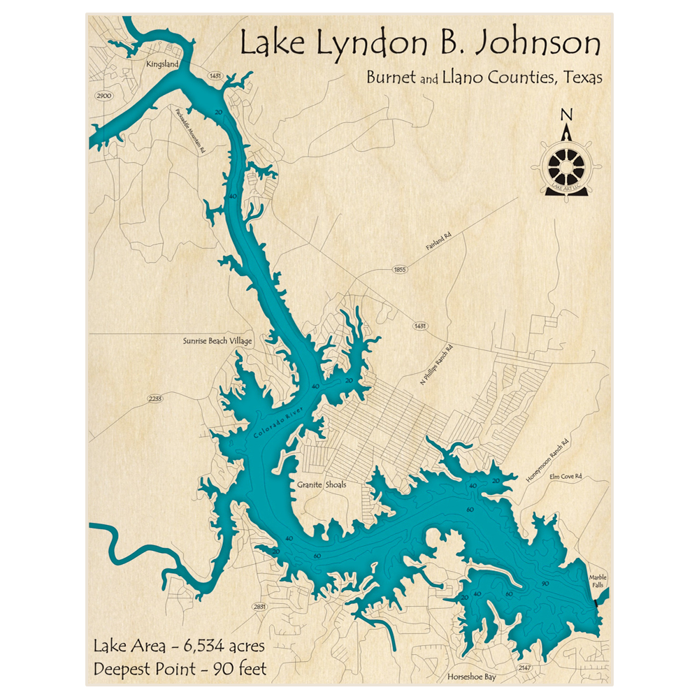 Bathymetric topo map of Lake Lyndon B Johnson with roads, towns and depths noted in blue water