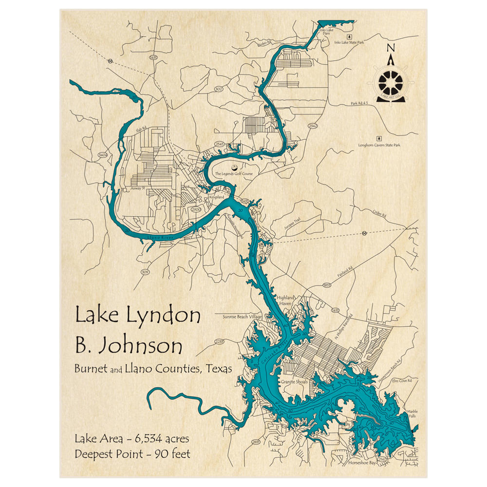 Bathymetric topo map of Lake Lyndon B Johnson (Extended Further North) with roads, towns and depths noted in blue water