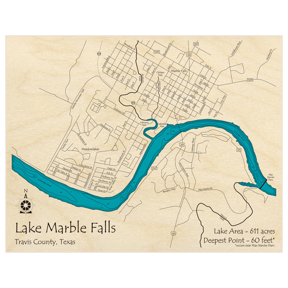 Bathymetric topo map of Lake Marble Falls at Marble Falls/Meadowlakes with roads, towns and depths noted in blue water