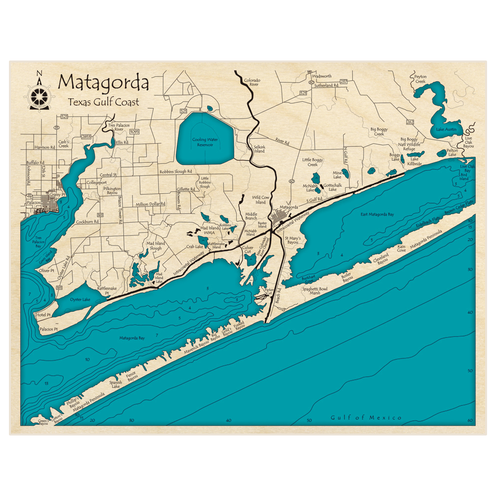 Bathymetric topo map of Matagorda Coastline (Extended) with roads, towns and depths noted in blue water