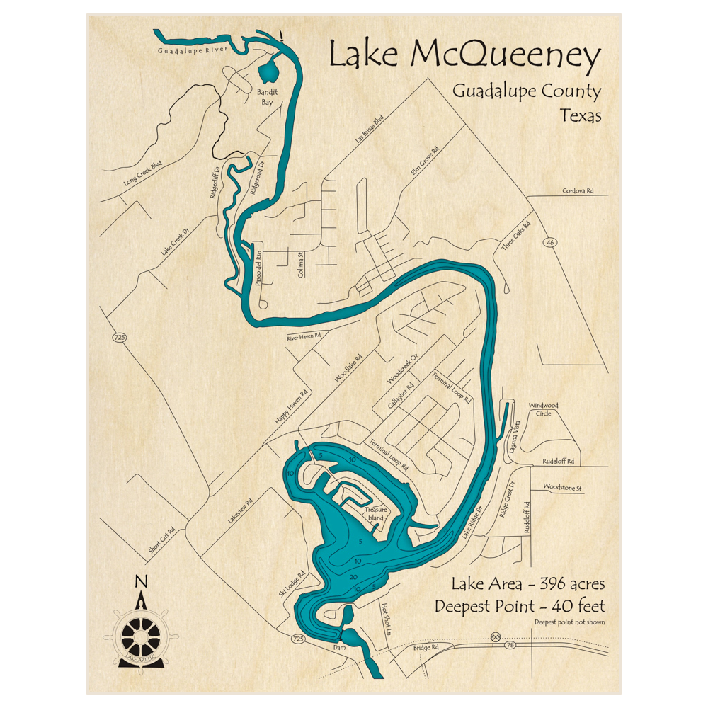 Bathymetric topo map of Lake McQueeney with roads, towns and depths noted in blue water