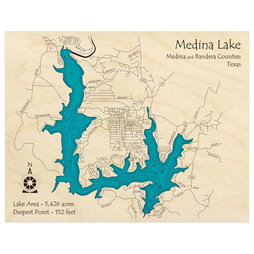 Bathymetric topo map of Medina Lake with roads, towns and depths noted in blue water