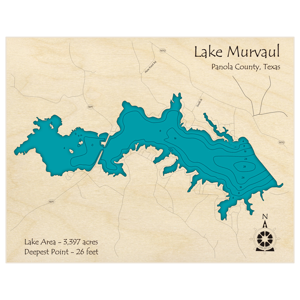 Bathymetric topo map of Lake Murvaul with roads, towns and depths noted in blue water