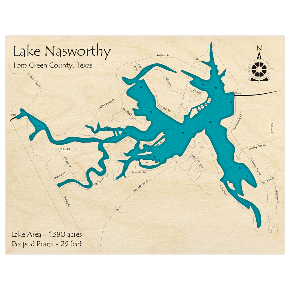 Bathymetric topo map of Lake Nasworthy with roads, towns and depths noted in blue water