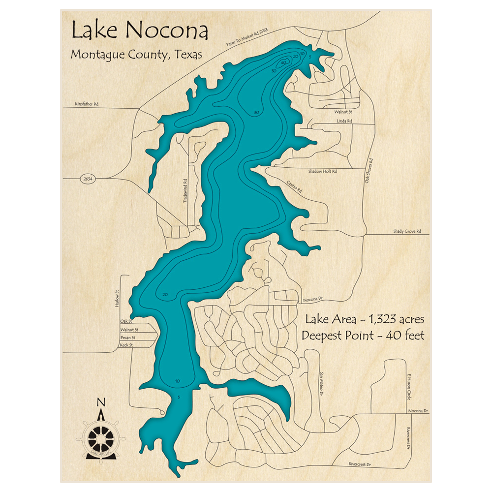 Bathymetric topo map of Lake Nocona with roads, towns and depths noted in blue water