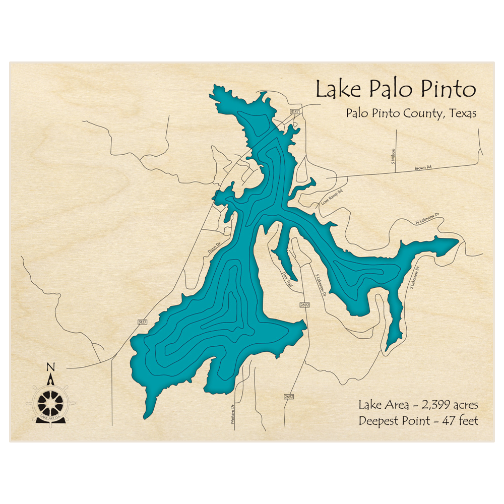Bathymetric topo map of Lake Palo Pinto  with roads, towns and depths noted in blue water