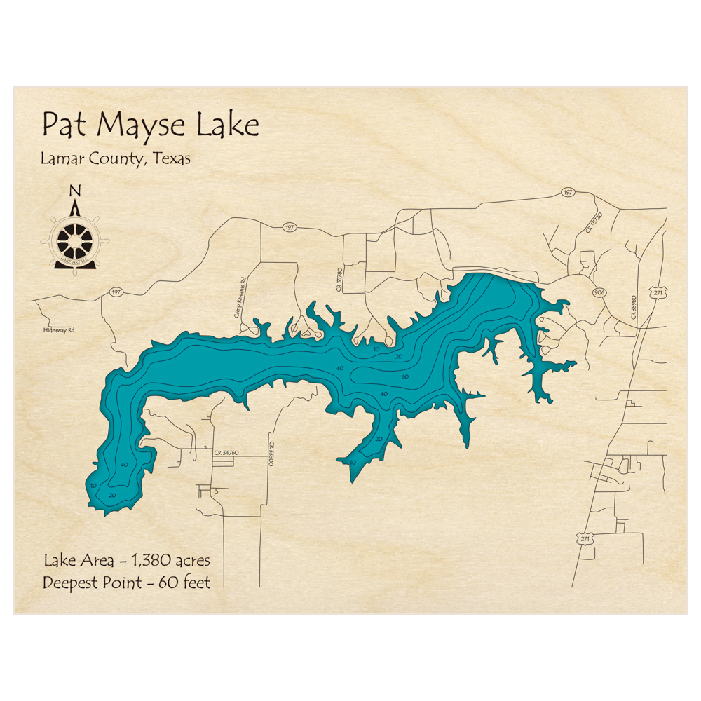 Bathymetric topo map of Pat Mayse Lake with roads, towns and depths noted in blue water
