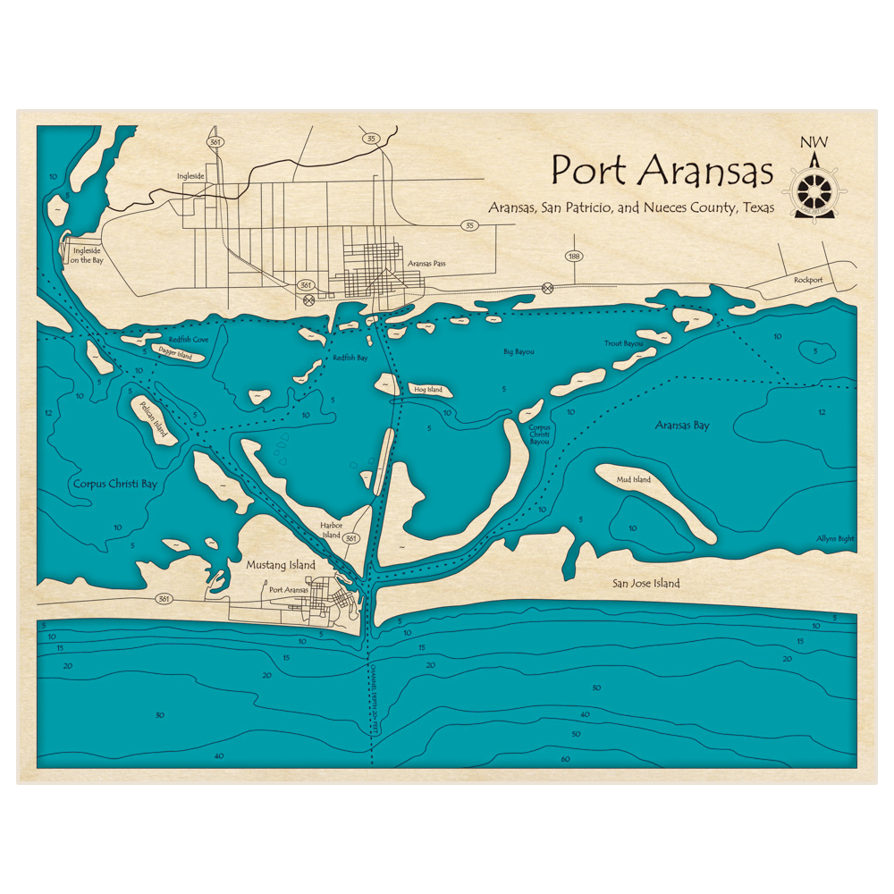 Bathymetric topo map of Port Aransas (northwest at top of map) with roads, towns and depths noted in blue water