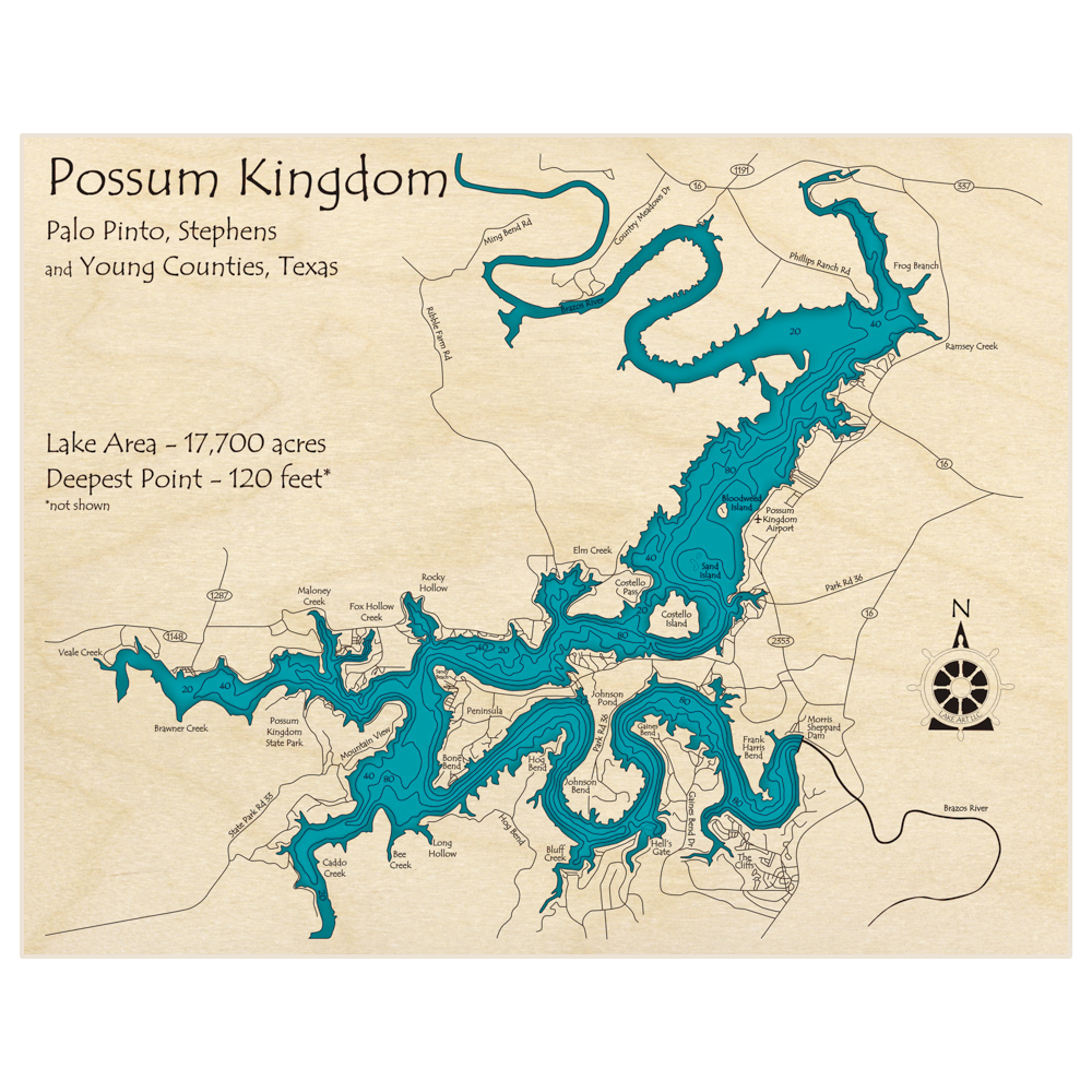 Bathymetric topo map of Possum Kingdom Lake with roads, towns and depths noted in blue water