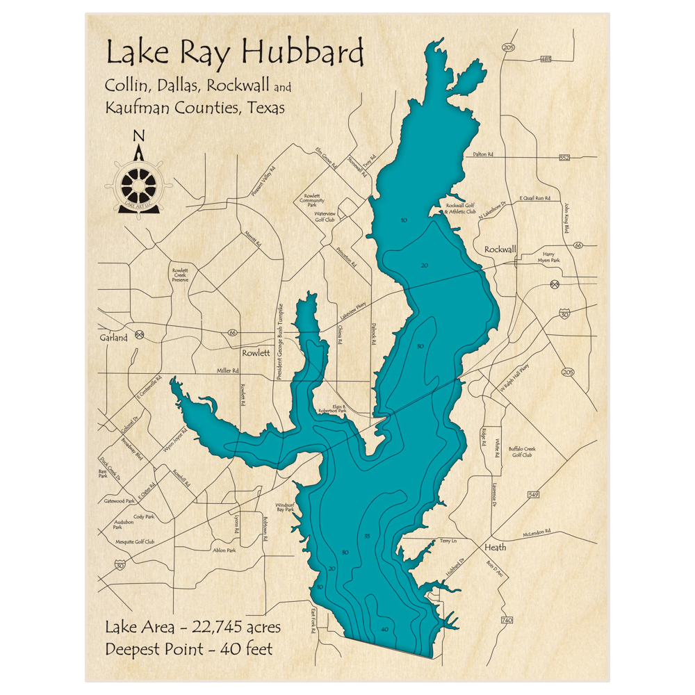 Bathymetric topo map of Lake Ray Hubbard with roads, towns and depths noted in blue water