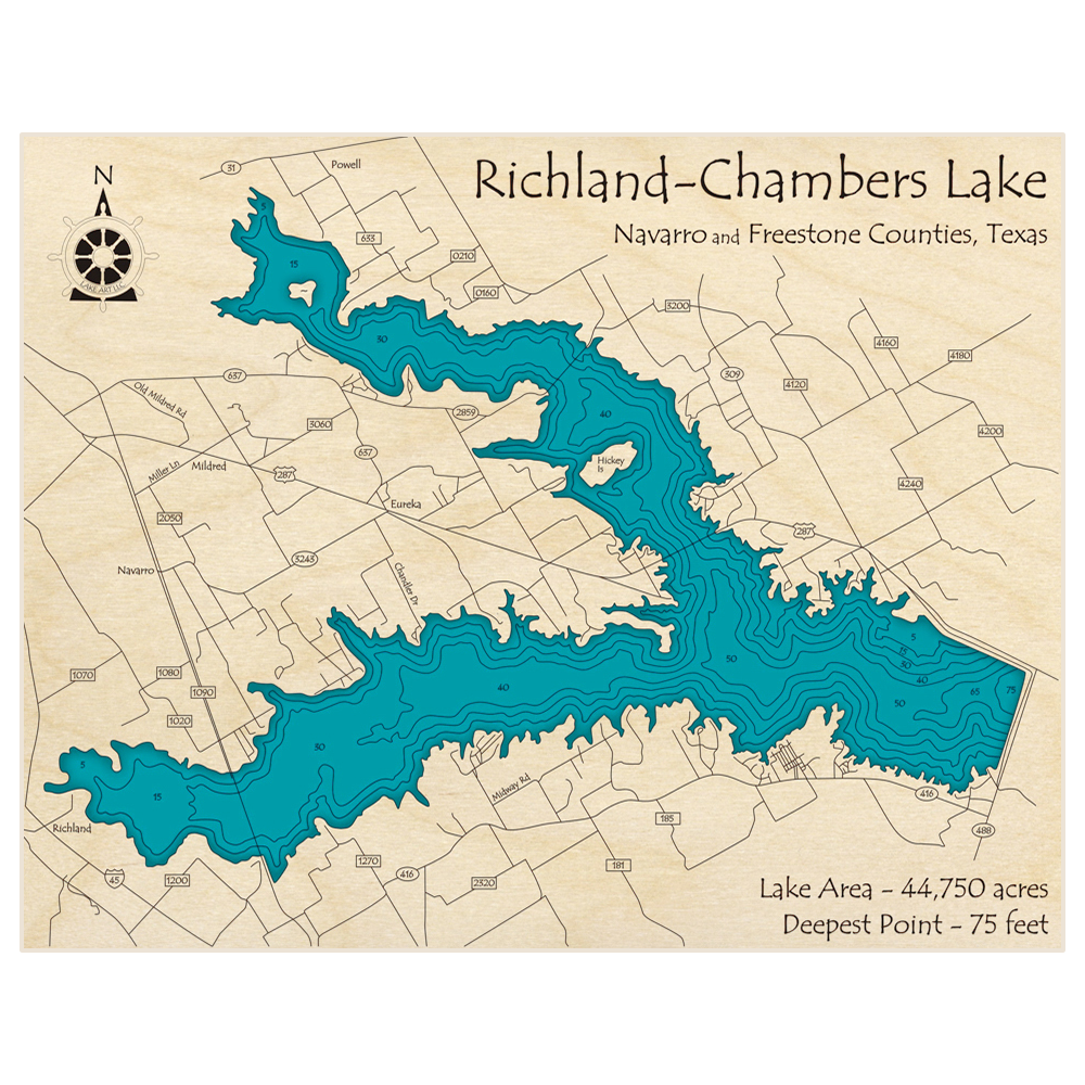 Bathymetric topo map of Richland-Chambers Lake with roads, towns and depths noted in blue water