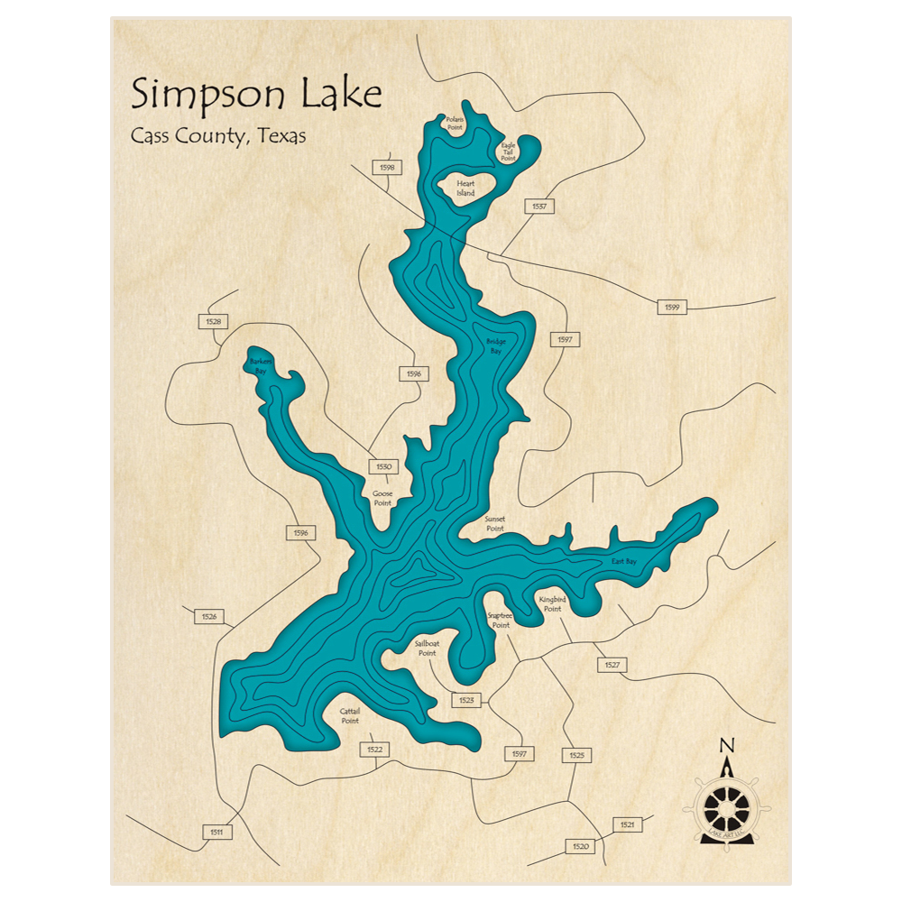 Bathymetric topo map of Simpson Lake  with roads, towns and depths noted in blue water