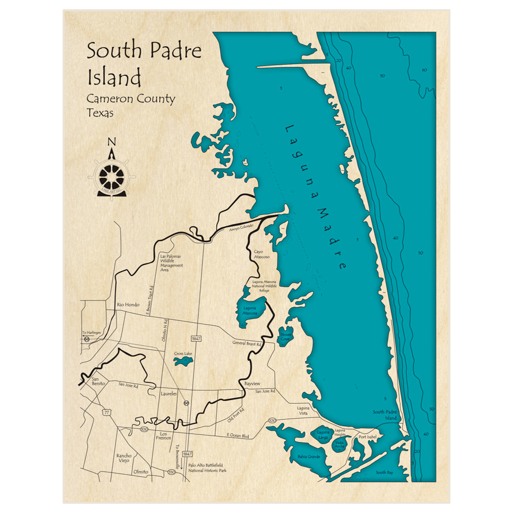 Bathymetric topo map of South Padre Island with roads, towns and depths noted in blue water