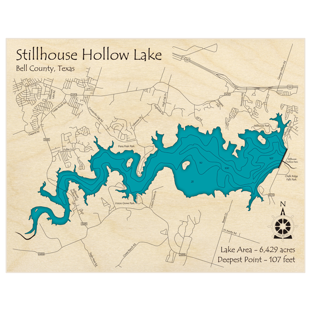 Bathymetric topo map of Stillhouse Hollow Lake with roads, towns and depths noted in blue water