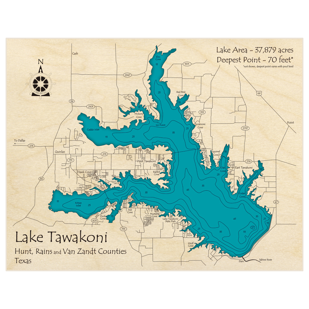 Bathymetric topo map of Lake Tawakoni with roads, towns and depths noted in blue water