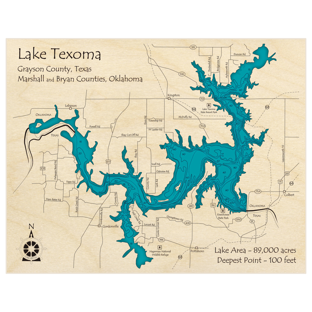 Bathymetric topo map of Lake Texoma with roads, towns and depths noted in blue water