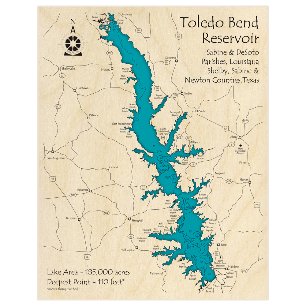 Bathymetric topo map of Toledo Bend Reservoir with roads, towns and depths noted in blue water