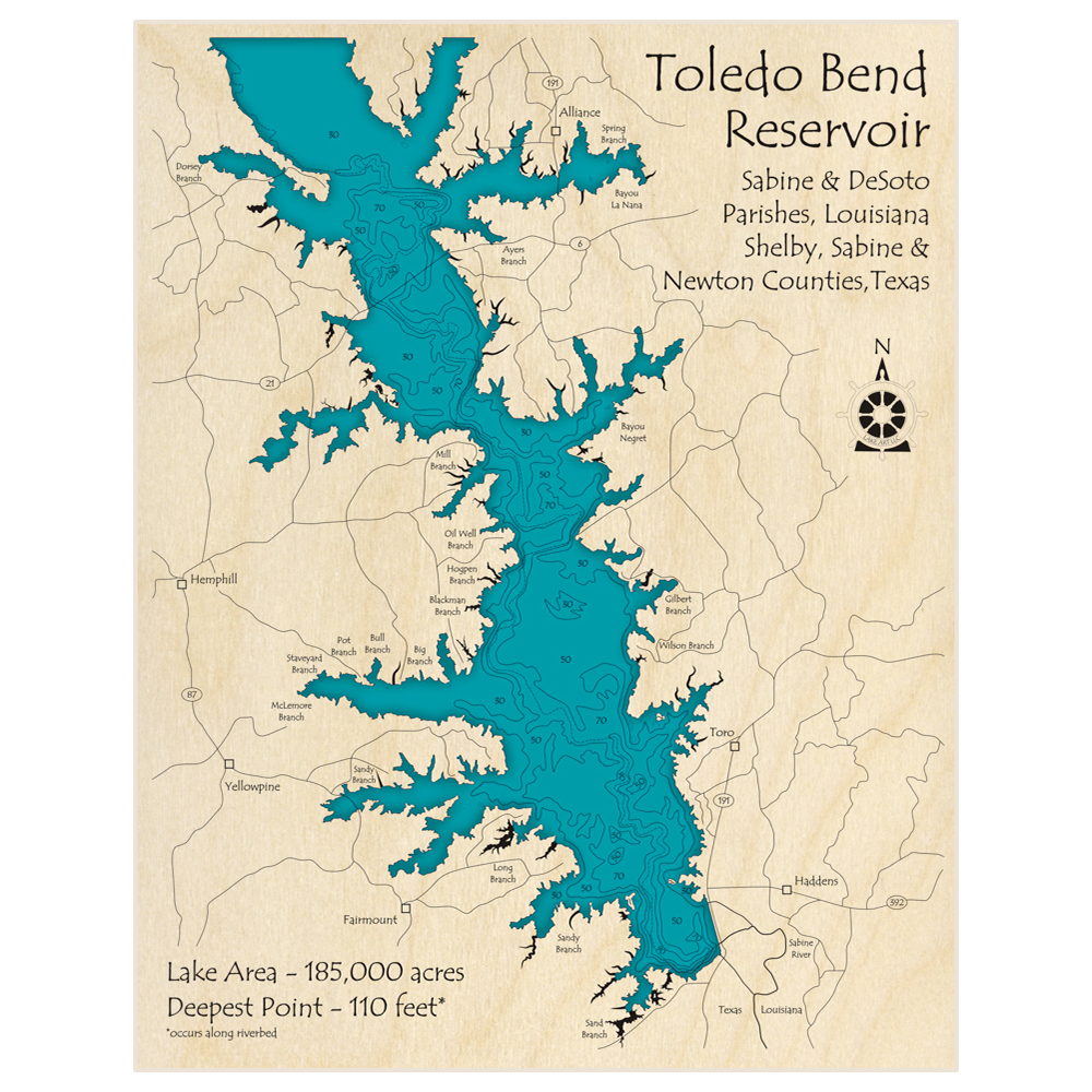 Bathymetric topo map of Toledo Bend (Zoomed in on Southern Section) with roads, towns and depths noted in blue water
