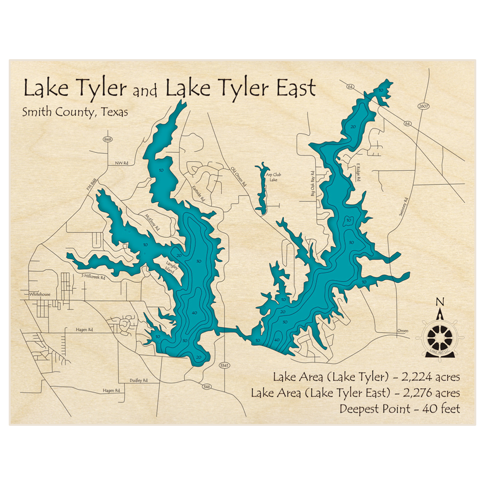 Bathymetric topo map of Tyler Lake (With East Tyler Lake) with roads, towns and depths noted in blue water