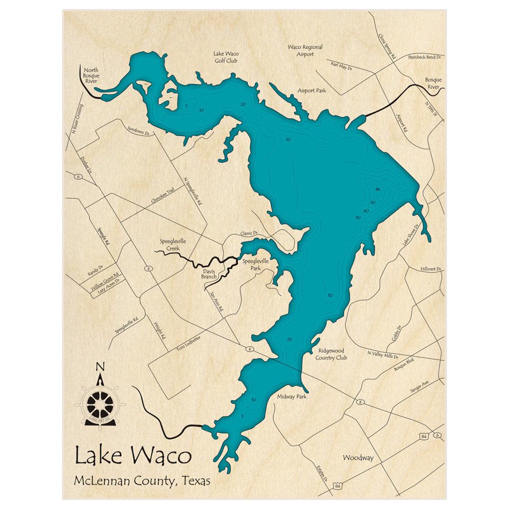 Bathymetric topo map of Lake Waco with roads, towns and depths noted in blue water