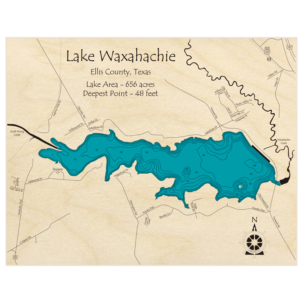Bathymetric topo map of Lake Waxahachie with roads, towns and depths noted in blue water