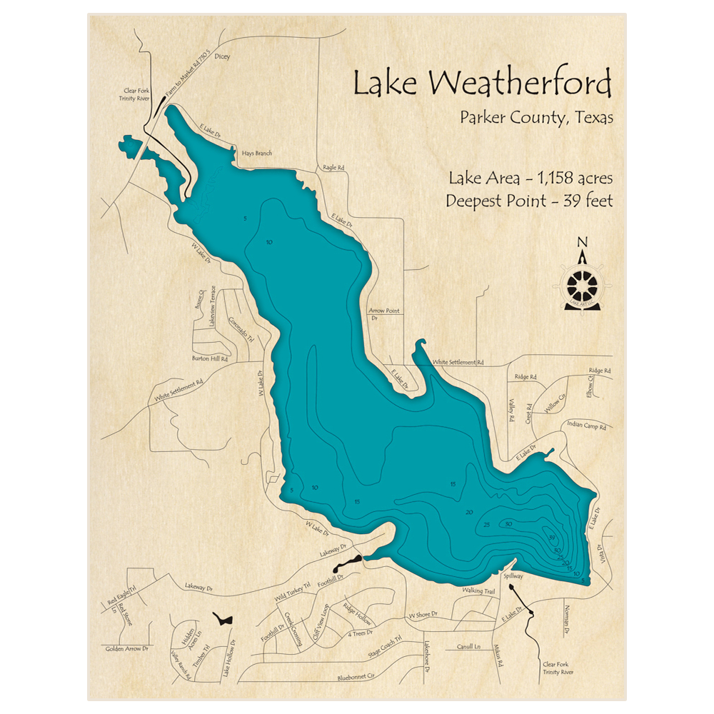 Bathymetric topo map of Weatherford Lake with roads, towns and depths noted in blue water