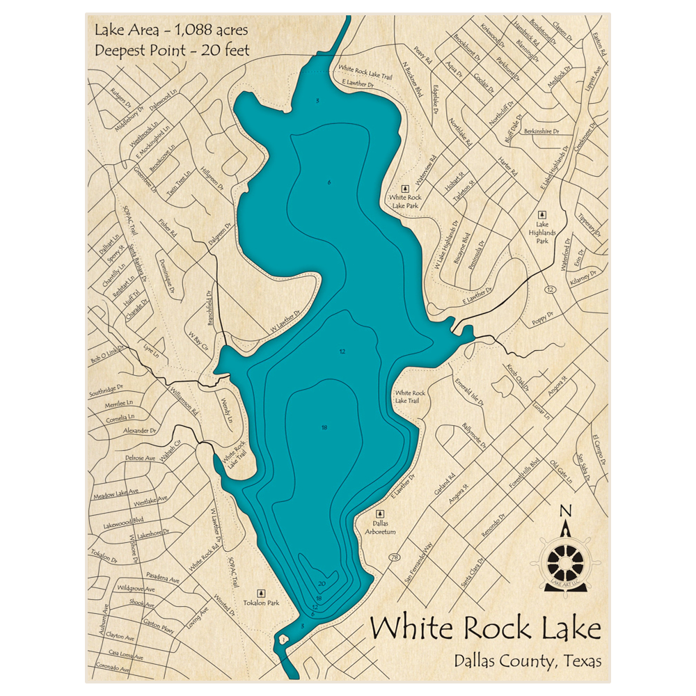 Bathymetric topo map of White Rock Lake with roads, towns and depths noted in blue water