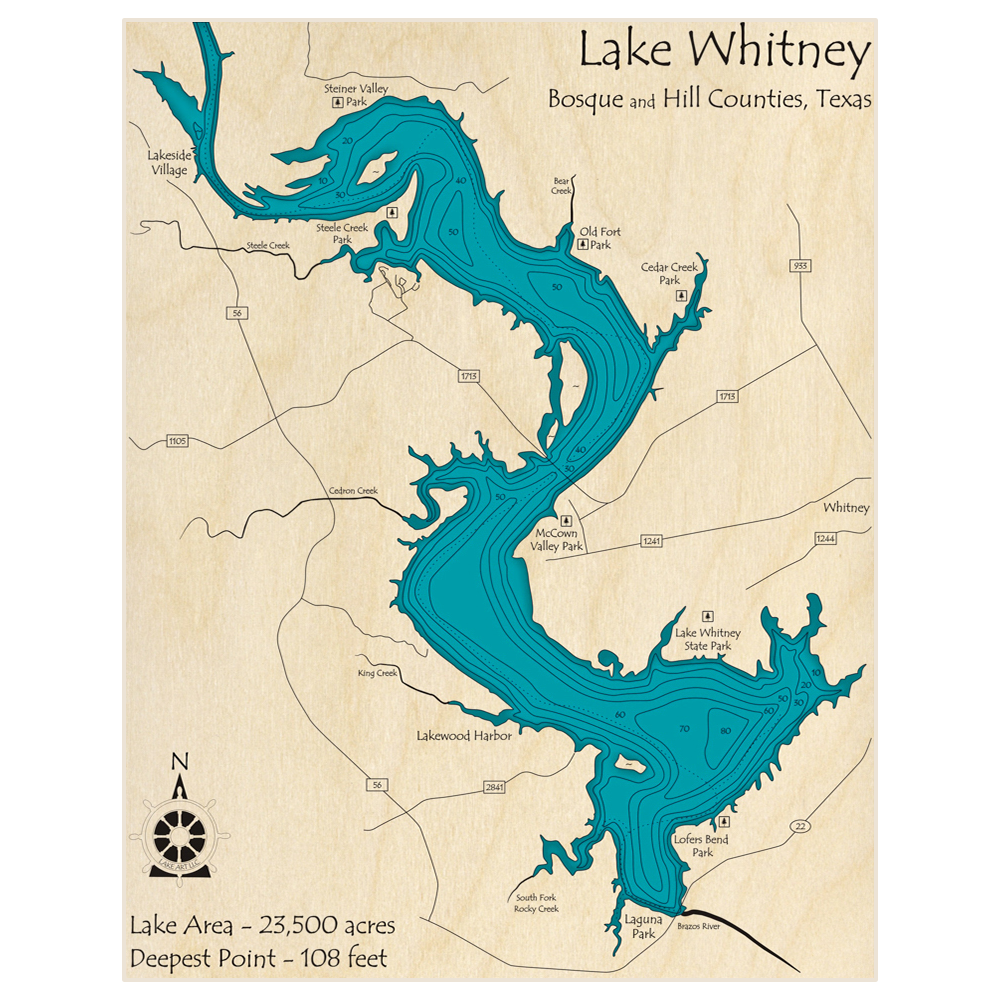 Bathymetric topo map of Lake Whitney with roads, towns and depths noted in blue water
