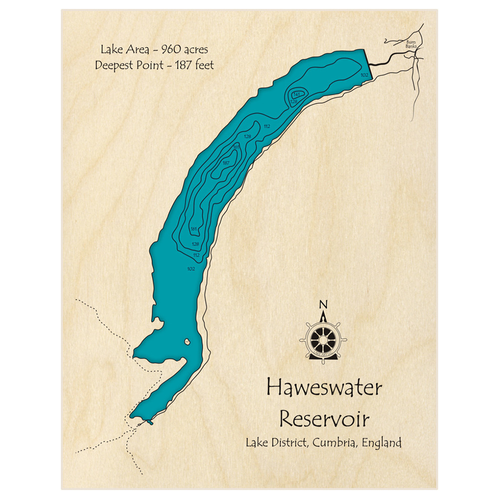 Bathymetric topo map of Haweswater Reservoir with roads, towns and depths noted in blue water