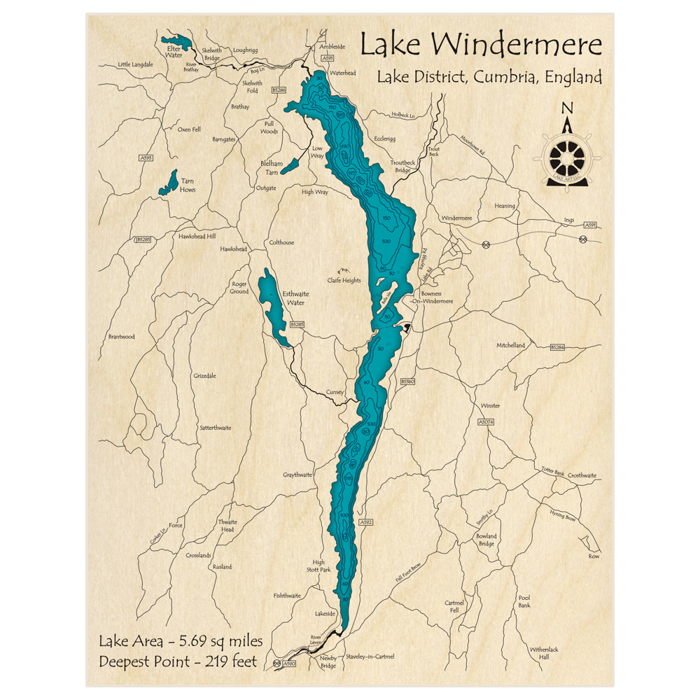 Bathymetric topo map of Lake Windermere with roads, towns and depths noted in blue water