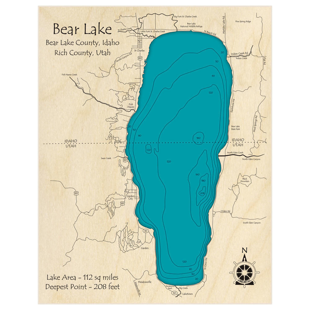 Bathymetric topo map of Bear Lake with roads, towns and depths noted in blue water