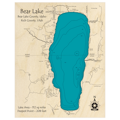 Bathymetric topo map of Bear Lake with roads, towns and depths noted in blue water