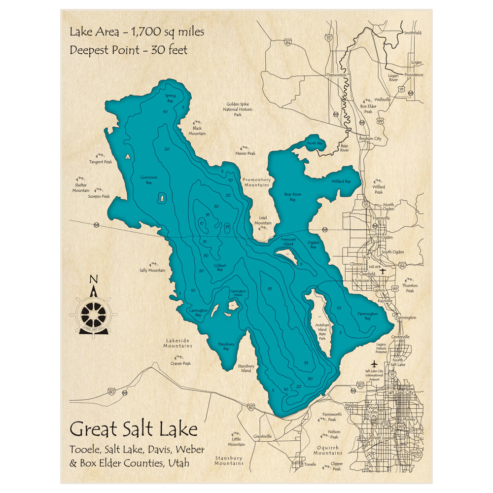 Bathymetric topo map of Great Salt Lake with roads, towns and depths noted in blue water